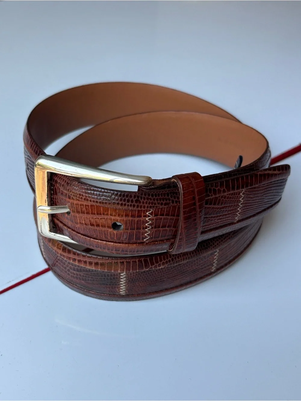 Brown Lizard Embossed Leather Men's Belt with Silver Buckle
